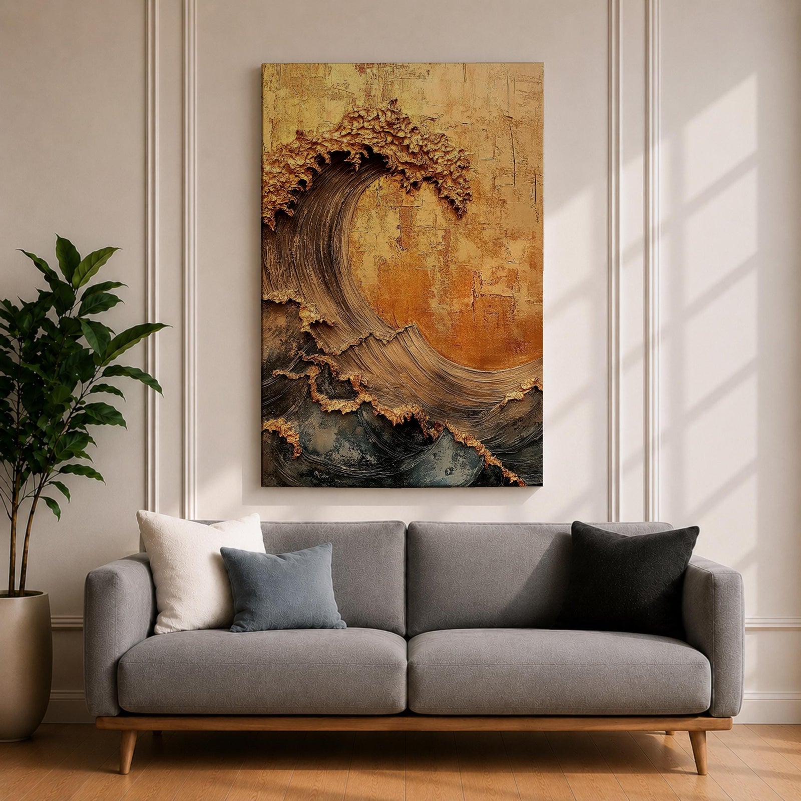 A textured framed canvas artwork depicting a large curling ocean wave with intricate raised details and a vintage style. The wave is rendered with thick brush strokes and layered textures in warm golden and earthy tones, creating a dynamic and tactile representation of coastal nature.