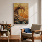 A textured framed canvas artwork depicting a large curling ocean wave with intricate raised details and a vintage style. The wave is rendered with thick brush strokes and layered textures in warm golden and earthy tones, creating a dynamic and tactile representation of coastal nature.
