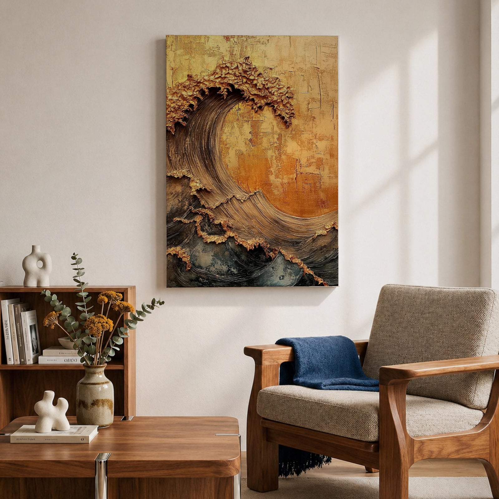 A textured framed canvas artwork depicting a large curling ocean wave with intricate raised details and a vintage style. The wave is rendered with thick brush strokes and layered textures in warm golden and earthy tones, creating a dynamic and tactile representation of coastal nature.