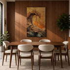 A textured framed canvas artwork depicting a large curling ocean wave with intricate raised details and a vintage style. The wave is rendered with thick brush strokes and layered textures in warm golden and earthy tones, creating a dynamic and tactile representation of coastal nature.