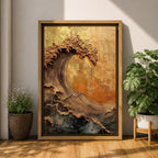A textured framed canvas artwork depicting a large curling ocean wave with intricate raised details and a vintage style. The wave is rendered with thick brush strokes and layered textures in warm golden and earthy tones, creating a dynamic and tactile representation of coastal nature.