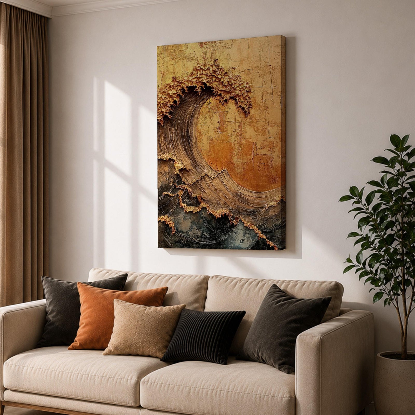 A textured framed canvas artwork depicting a large curling ocean wave with intricate raised details and a vintage style. The wave is rendered with thick brush strokes and layered textures in warm golden and earthy tones, creating a dynamic and tactile representation of coastal nature.