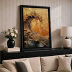 A textured framed canvas artwork depicting a large curling ocean wave with intricate raised details and a vintage style. The wave is rendered with thick brush strokes and layered textures in warm golden and earthy tones, creating a dynamic and tactile representation of coastal nature.