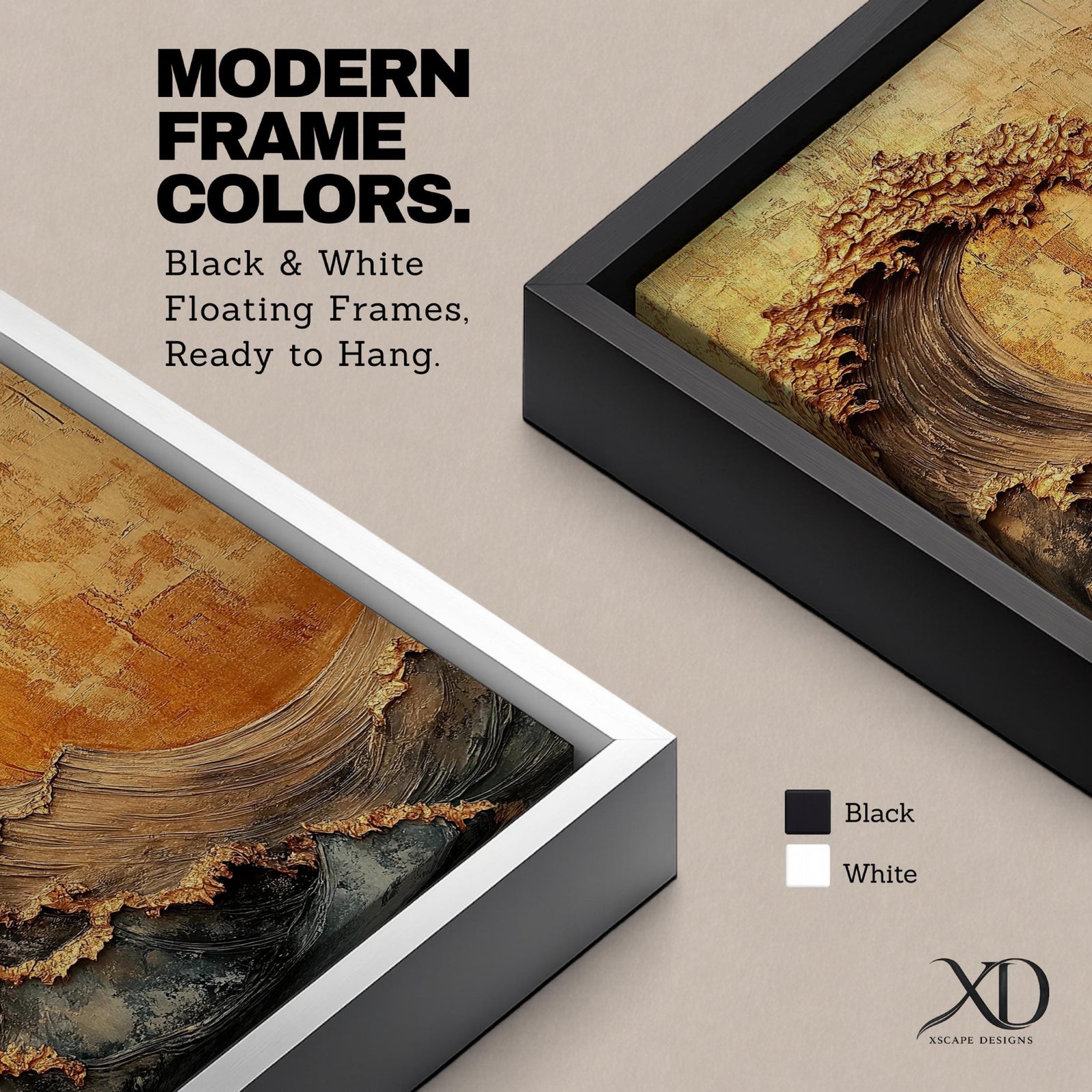 A textured framed canvas artwork depicting a large curling ocean wave with intricate raised details and a vintage style. The wave is rendered with thick brush strokes and layered textures in warm golden and earthy tones, creating a dynamic and tactile representation of coastal nature.