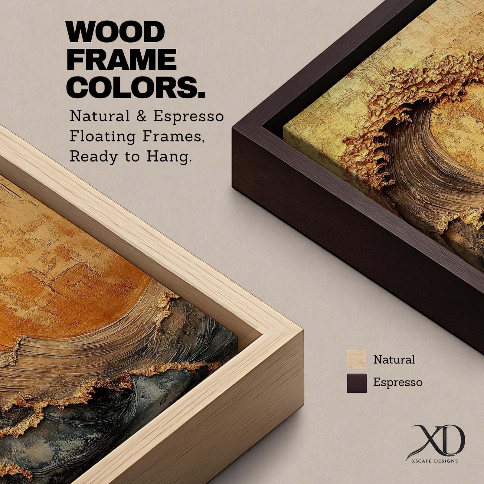 A textured framed canvas artwork depicting a large curling ocean wave with intricate raised details and a vintage style. The wave is rendered with thick brush strokes and layered textures in warm golden and earthy tones, creating a dynamic and tactile representation of coastal nature.