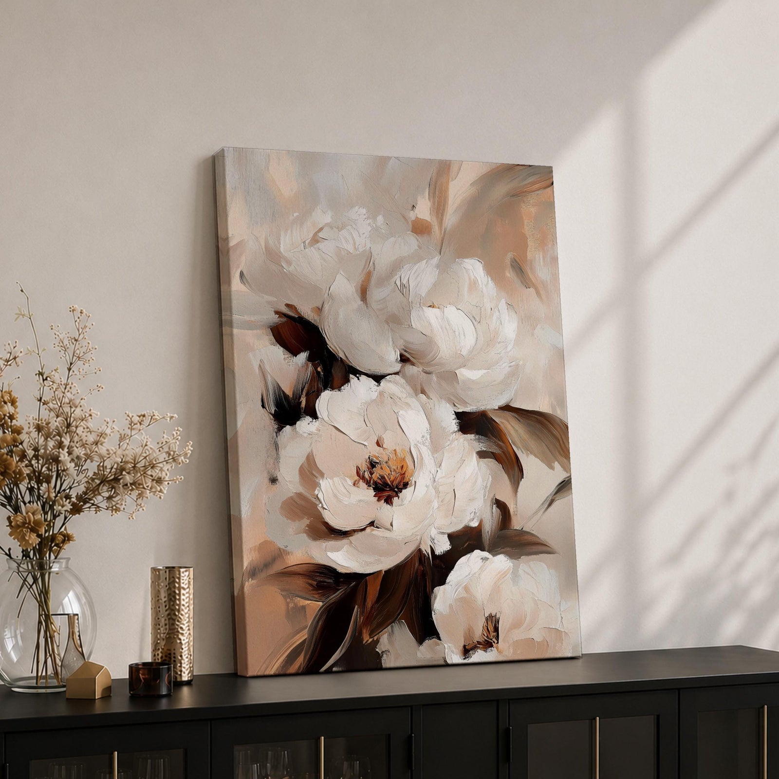 A detailed vintage-style floral painting featuring large white peony blossoms with soft, layered petals and subtle brown leaves. The composition focuses on the delicate texture and natural form of the peony flowers, rendered in an elegant, classic botanical art style.