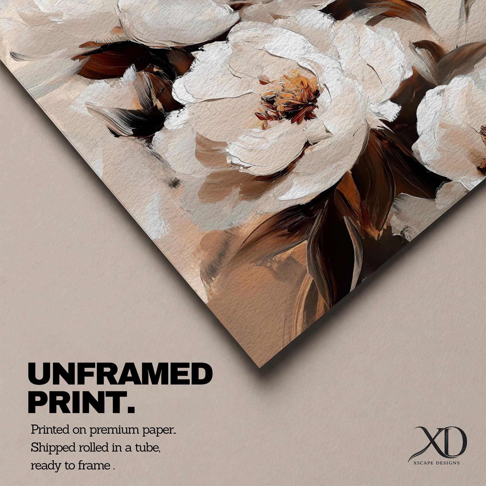 A detailed vintage-style floral painting featuring large white peony blossoms with soft, layered petals and subtle brown leaves. The composition focuses on the delicate texture and natural form of the peony flowers, rendered in an elegant, classic botanical art style.