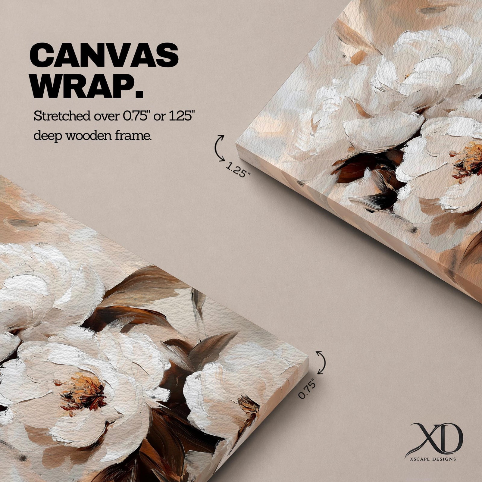 A detailed vintage-style floral painting featuring large white peony blossoms with soft, layered petals and subtle brown leaves. The composition focuses on the delicate texture and natural form of the peony flowers, rendered in an elegant, classic botanical art style.