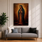 Painting of Our Lady of Guadalupe standing with hands clasped in prayer, wearing a long rose gown and dark star covered mantle, surrounded by radiant golden rays forming a halo behind her figure. The composition presents the Virgin in a traditional devotional icon style with serene expression and symmetrical vertical framing.