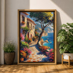 This artwork depicts a Mediterranean coastal scene featuring a charming seaside pathway lined with vibrant flowers and rustic buildings. The textured brushstrokes create a lively impressionistic landscape with a tree in the foreground and boats floating on the blue sea, capturing the essence of coastal tranquility.
