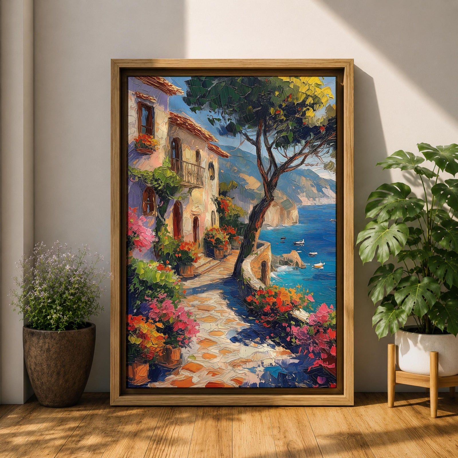This artwork depicts a Mediterranean coastal scene featuring a charming seaside pathway lined with vibrant flowers and rustic buildings. The textured brushstrokes create a lively impressionistic landscape with a tree in the foreground and boats floating on the blue sea, capturing the essence of coastal tranquility.