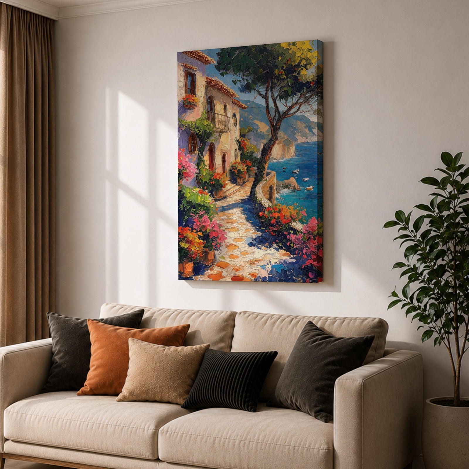 This artwork depicts a Mediterranean coastal scene featuring a charming seaside pathway lined with vibrant flowers and rustic buildings. The textured brushstrokes create a lively impressionistic landscape with a tree in the foreground and boats floating on the blue sea, capturing the essence of coastal tranquility.