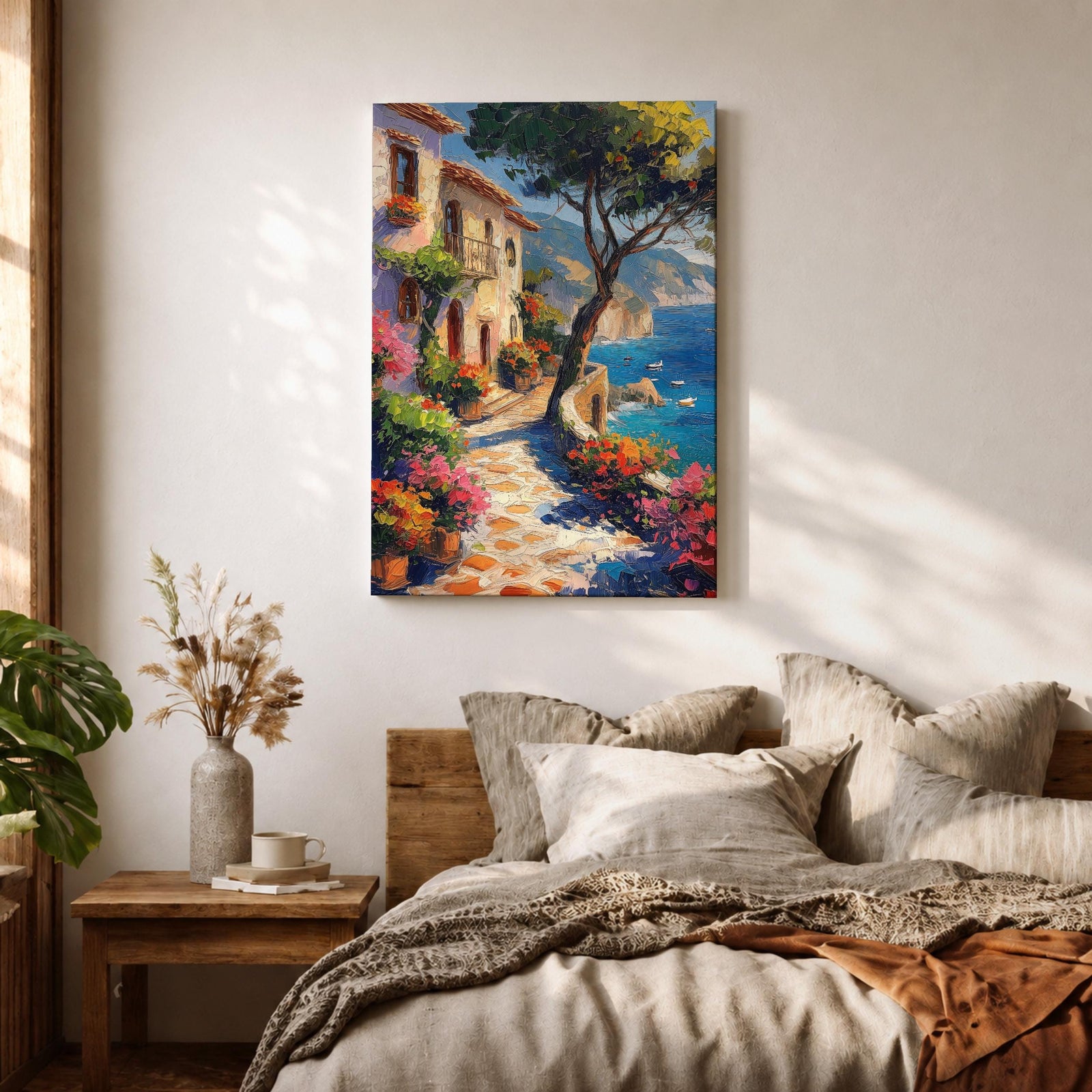 This artwork depicts a Mediterranean coastal scene featuring a charming seaside pathway lined with vibrant flowers and rustic buildings. The textured brushstrokes create a lively impressionistic landscape with a tree in the foreground and boats floating on the blue sea, capturing the essence of coastal tranquility.