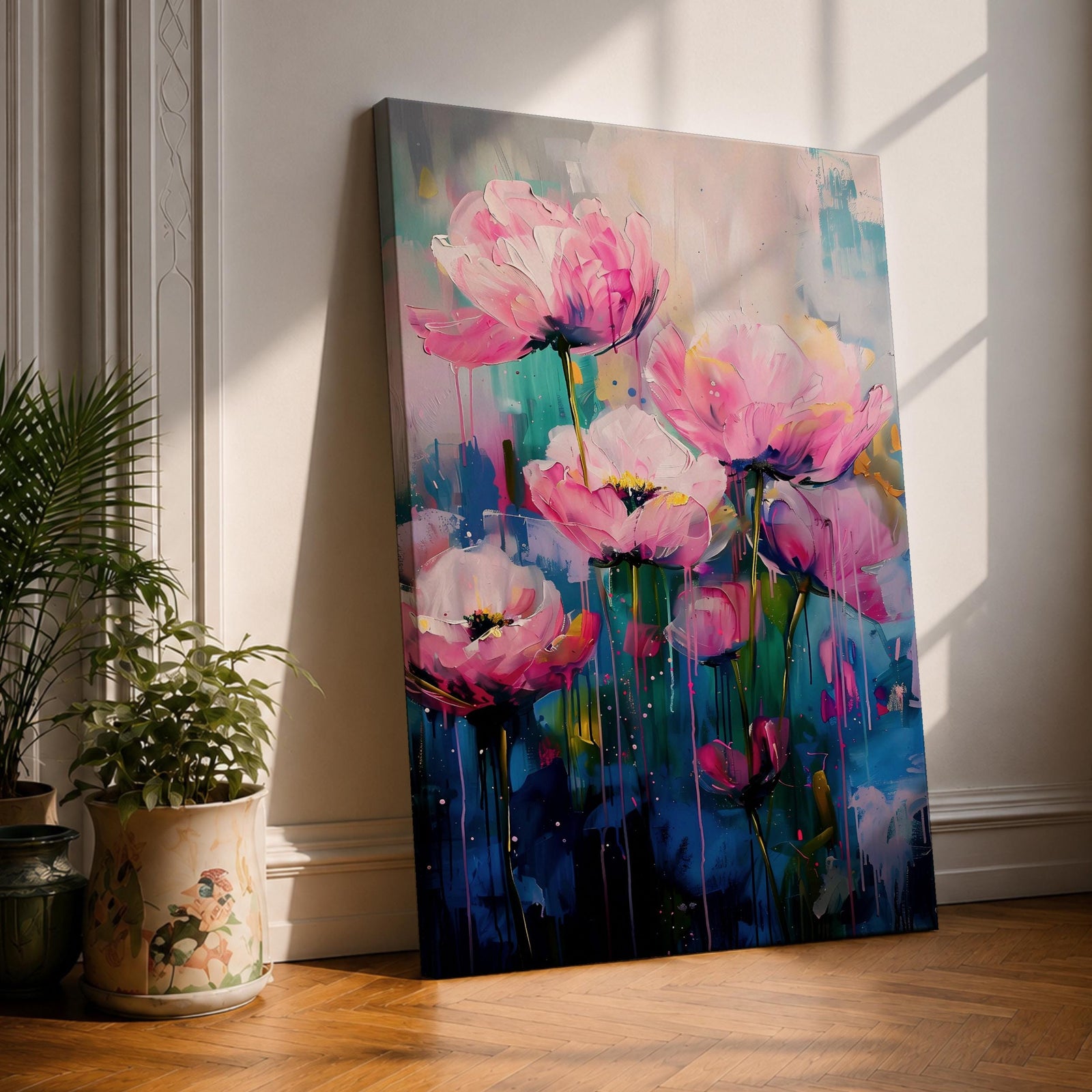 A framed watercolor painting featuring vibrant pink floral blooms with delicate petals and green stems. The artwork blends soft washes of color with bold brush strokes, creating a lively botanical composition that captures the essence of blooming flowers in an expressive and fluid style.