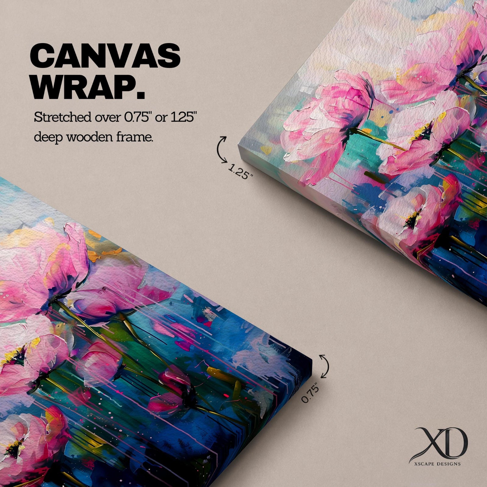 A framed watercolor painting featuring vibrant pink floral blooms with delicate petals and green stems. The artwork blends soft washes of color with bold brush strokes, creating a lively botanical composition that captures the essence of blooming flowers in an expressive and fluid style.