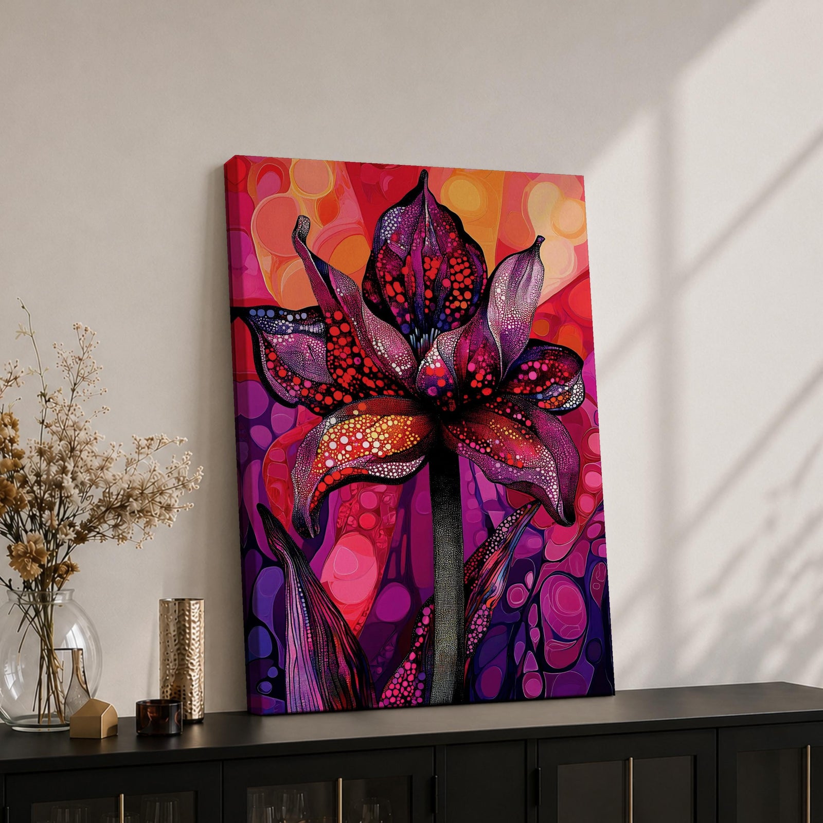 A vibrant abstract flower with detailed petal patterns resembling mosaic dots and organic shapes in red, purple, and pink hues. The composition highlights a single large bloom with stylized leaves, rendered in an abstract style emphasizing texture and color contrast.