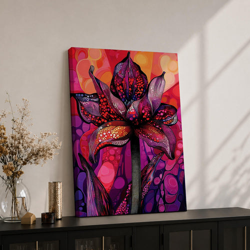 A vibrant abstract flower with detailed petal patterns resembling mosaic dots and organic shapes in red, purple, and pink hues. The composition highlights a single large bloom with stylized leaves, rendered in an abstract style emphasizing texture and color contrast.