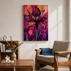A vibrant abstract flower with detailed petal patterns resembling mosaic dots and organic shapes in red, purple, and pink hues. The composition highlights a single large bloom with stylized leaves, rendered in an abstract style emphasizing texture and color contrast.