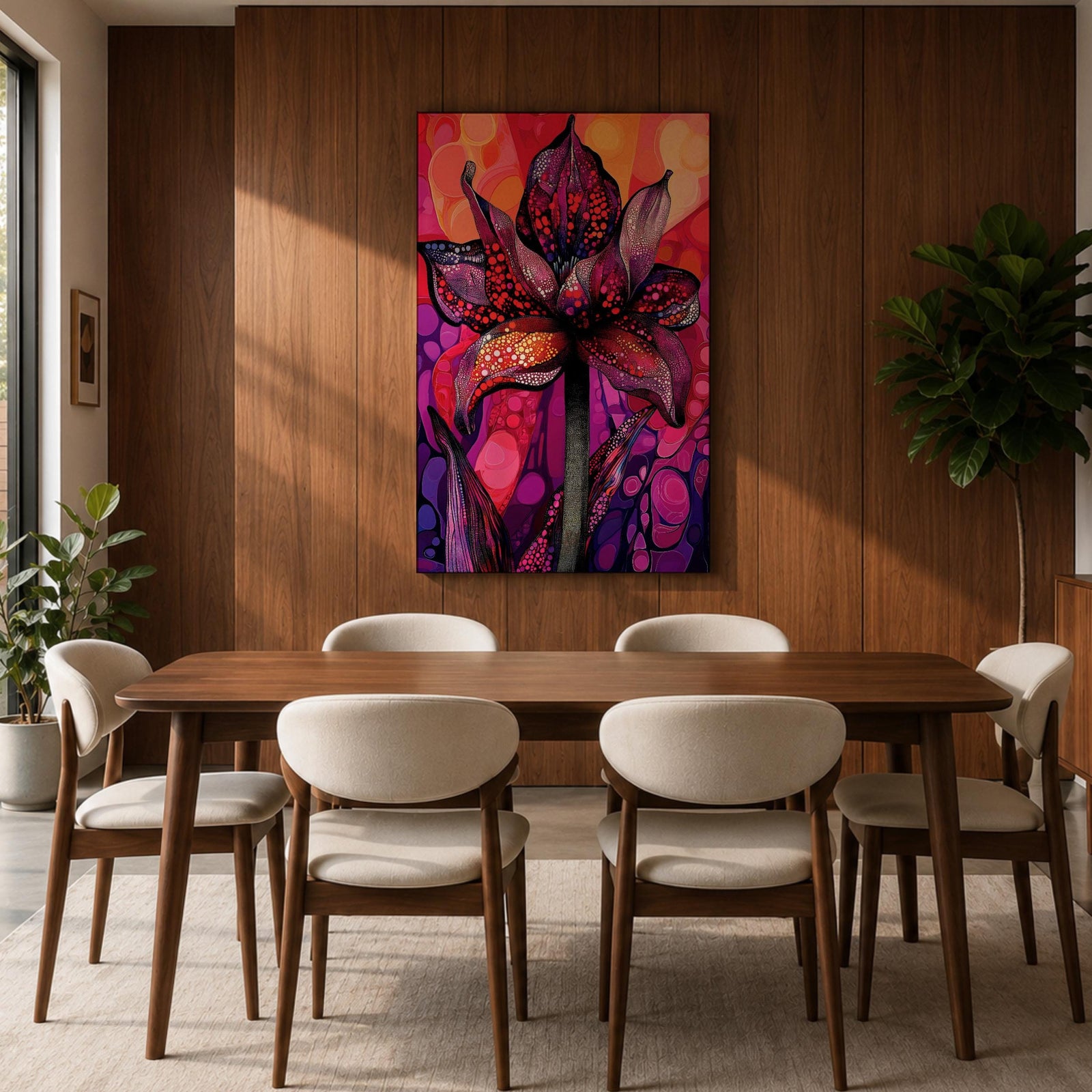A vibrant abstract flower with detailed petal patterns resembling mosaic dots and organic shapes in red, purple, and pink hues. The composition highlights a single large bloom with stylized leaves, rendered in an abstract style emphasizing texture and color contrast.