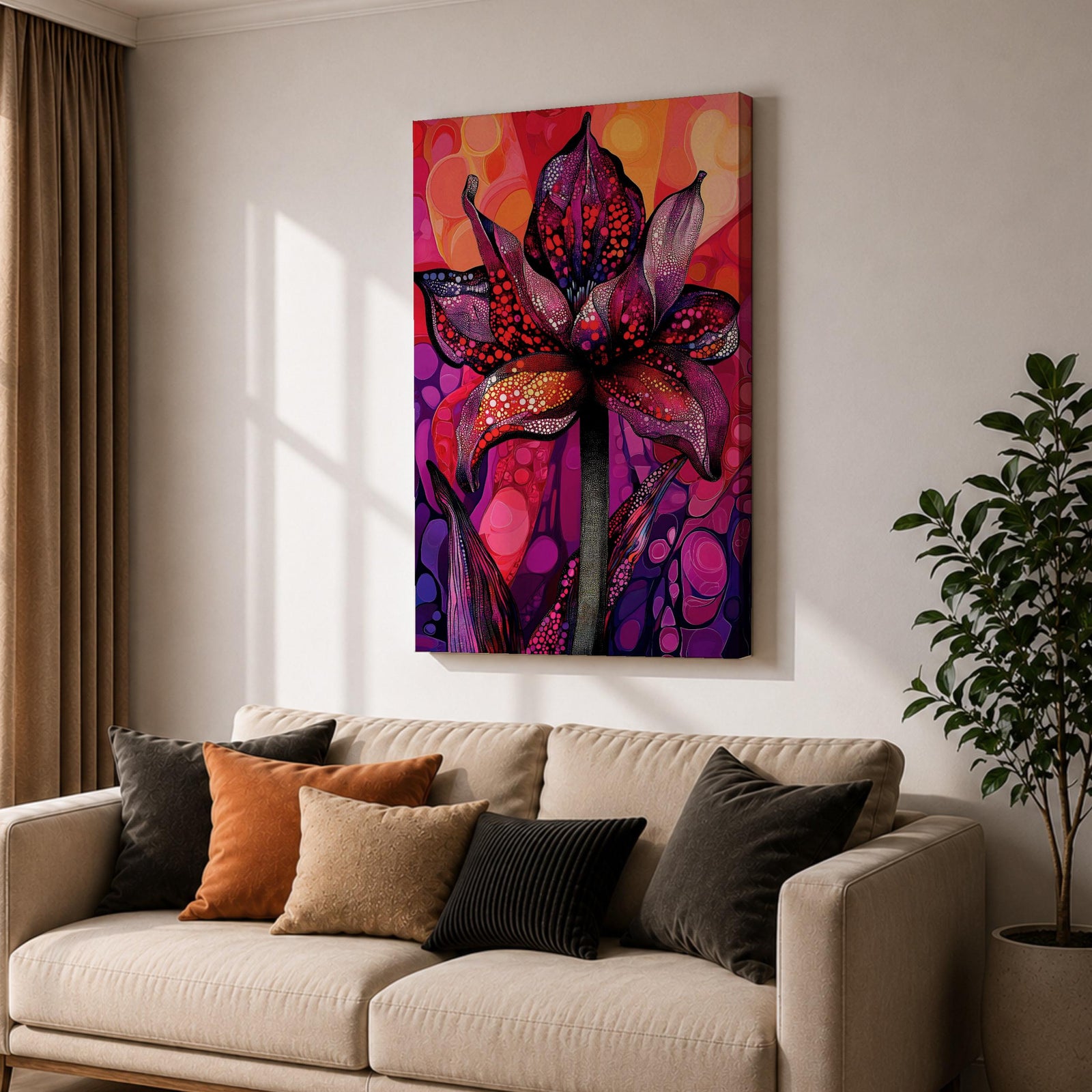 A vibrant abstract flower with detailed petal patterns resembling mosaic dots and organic shapes in red, purple, and pink hues. The composition highlights a single large bloom with stylized leaves, rendered in an abstract style emphasizing texture and color contrast.