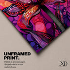 A vibrant abstract flower with detailed petal patterns resembling mosaic dots and organic shapes in red, purple, and pink hues. The composition highlights a single large bloom with stylized leaves, rendered in an abstract style emphasizing texture and color contrast.