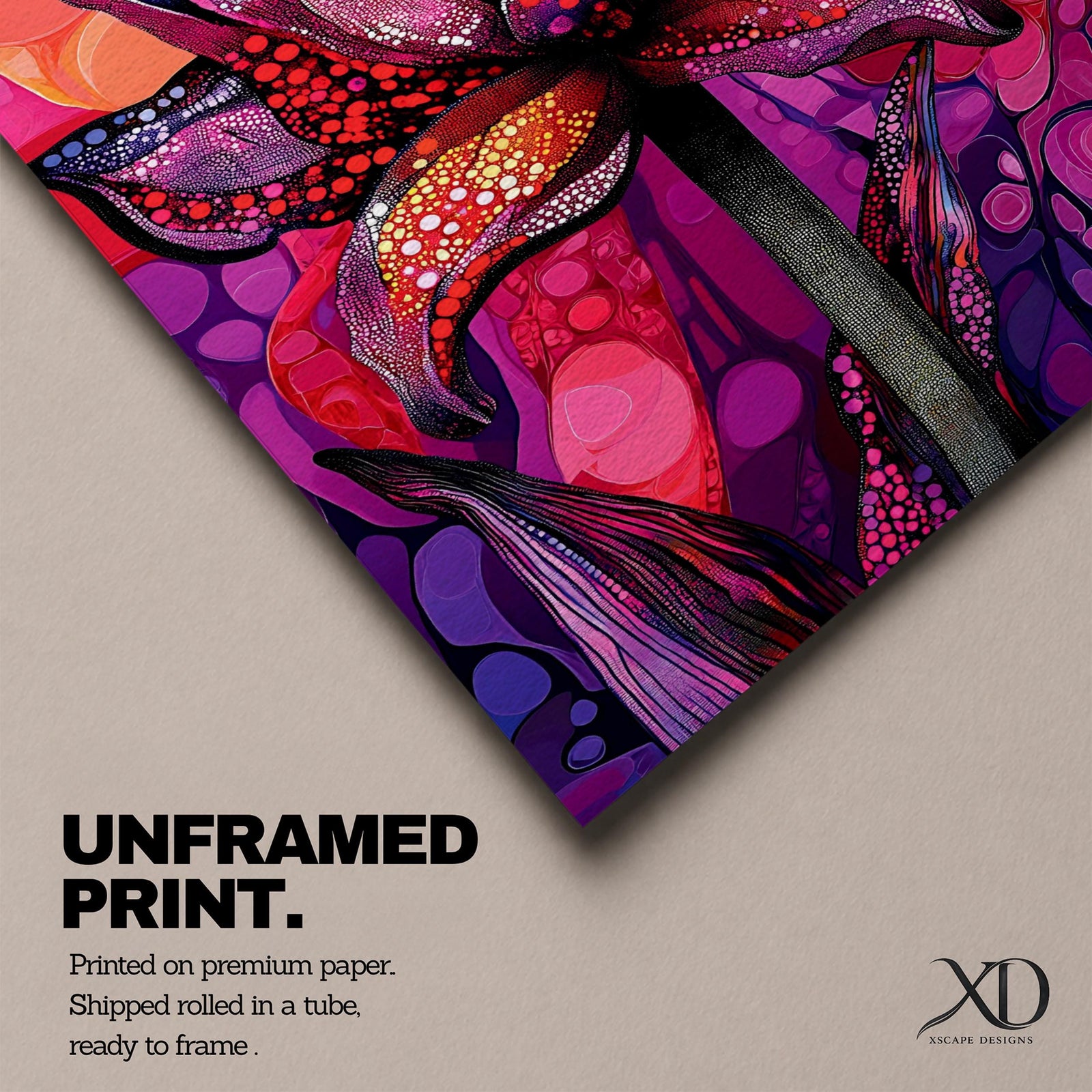 A vibrant abstract flower with detailed petal patterns resembling mosaic dots and organic shapes in red, purple, and pink hues. The composition highlights a single large bloom with stylized leaves, rendered in an abstract style emphasizing texture and color contrast.
