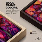 A vibrant abstract flower with detailed petal patterns resembling mosaic dots and organic shapes in red, purple, and pink hues. The composition highlights a single large bloom with stylized leaves, rendered in an abstract style emphasizing texture and color contrast.