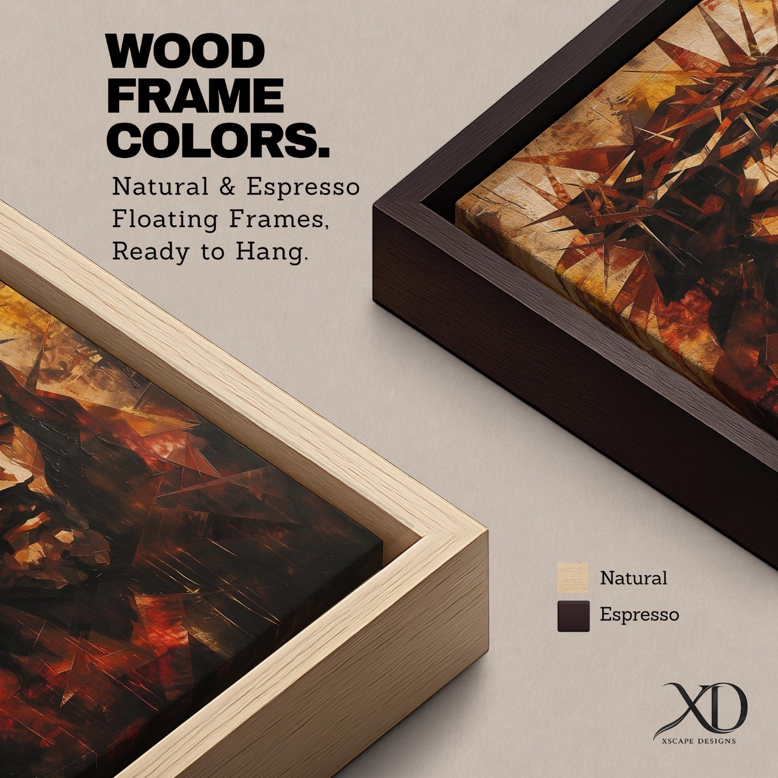 Geometric style portrait of Jesus Christ wearing a crown of thorns, rendered with angular fragmented shapes forming his solemn face and downward gaze. Warm tones of amber, red, and deep brown surround the figure, while sharp triangular forms emphasize the crown, creating a dramatic sacred portrait composition.