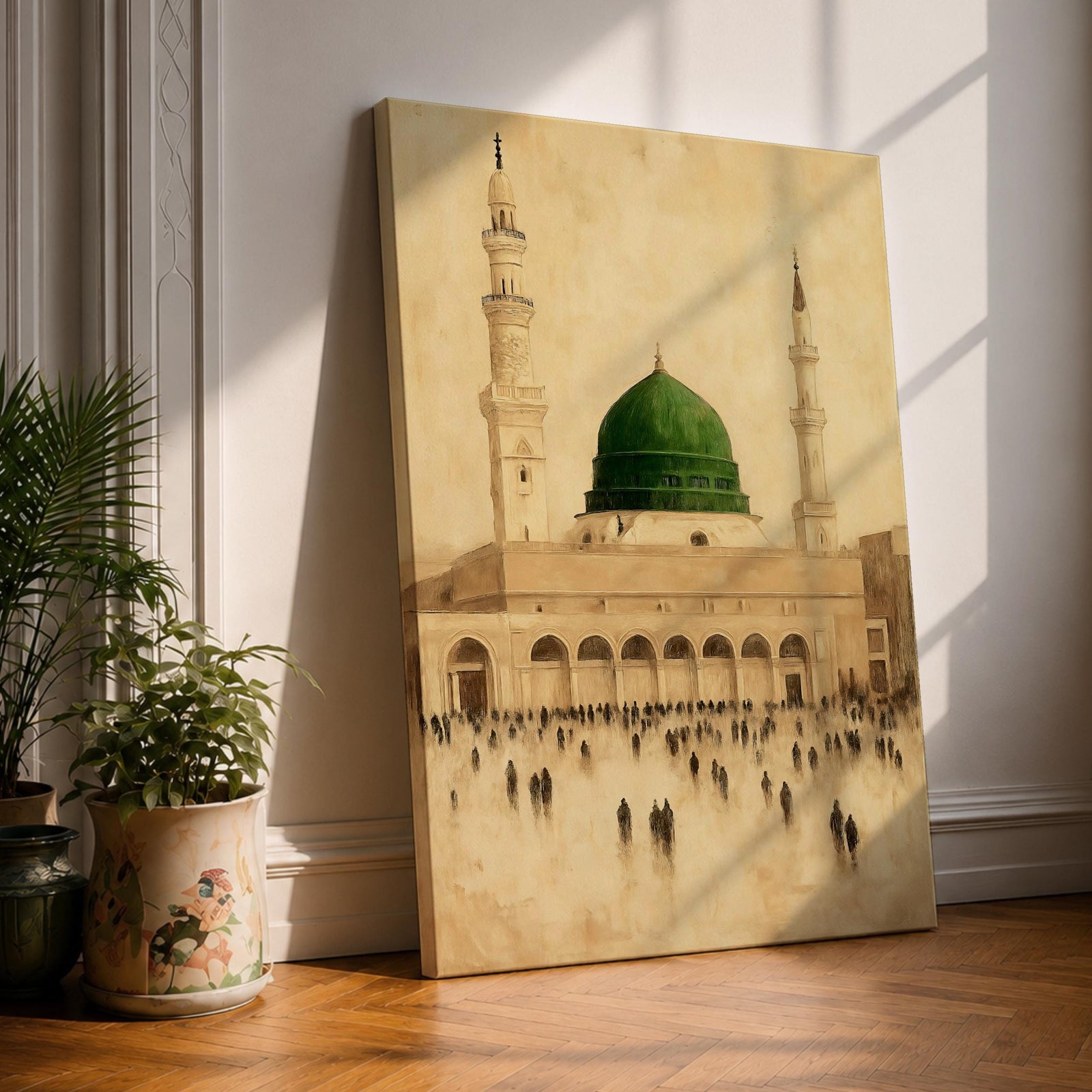 This elegant oil-style painting captures the iconic Masjid an-Nabawi in Medina, featuring its distinctive green dome and tall white minarets rising above the vast courtyard filled with pilgrims in soft fog, rendered in warm sepia and beige tones with gentle sunlight casting peaceful shadows, evoking deep reverence, tranquility, and spiritual connection.