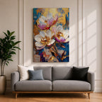A vibrant impasto style floral painting featuring three large white and pink flowers with detailed petals and golden centers against a textured blue and gold background. The composition highlights thick brushstrokes and rich texture, emphasizing botanical beauty in a nature-inspired artwork.