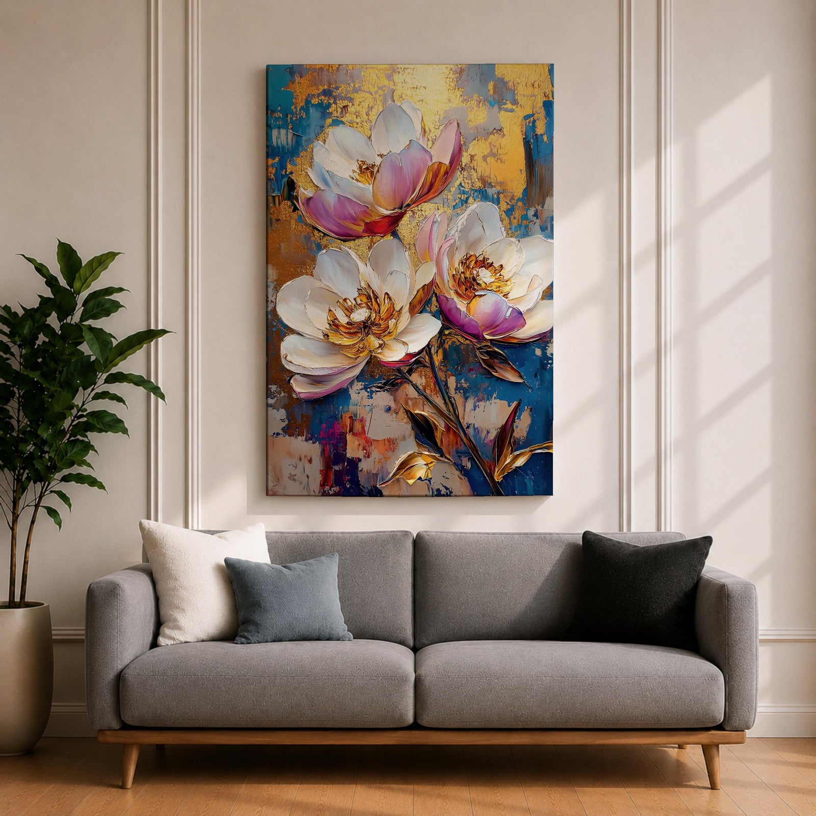 A vibrant impasto style floral painting featuring three large white and pink flowers with detailed petals and golden centers against a textured blue and gold background. The composition highlights thick brushstrokes and rich texture, emphasizing botanical beauty in a nature-inspired artwork.