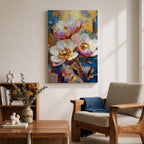 A vibrant impasto style floral painting featuring three large white and pink flowers with detailed petals and golden centers against a textured blue and gold background. The composition highlights thick brushstrokes and rich texture, emphasizing botanical beauty in a nature-inspired artwork.