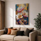 A vibrant impasto style floral painting featuring three large white and pink flowers with detailed petals and golden centers against a textured blue and gold background. The composition highlights thick brushstrokes and rich texture, emphasizing botanical beauty in a nature-inspired artwork.