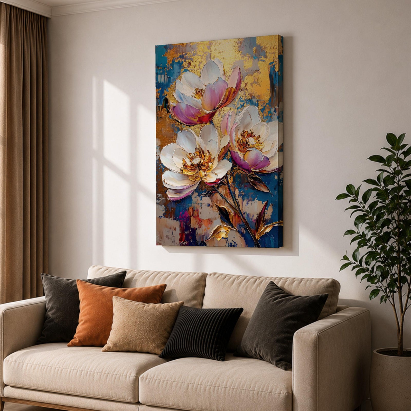 A vibrant impasto style floral painting featuring three large white and pink flowers with detailed petals and golden centers against a textured blue and gold background. The composition highlights thick brushstrokes and rich texture, emphasizing botanical beauty in a nature-inspired artwork.