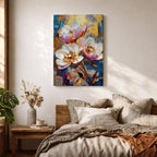 A vibrant impasto style floral painting featuring three large white and pink flowers with detailed petals and golden centers against a textured blue and gold background. The composition highlights thick brushstrokes and rich texture, emphasizing botanical beauty in a nature-inspired artwork.