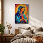 Colorful devotional painting of Our Lady of Guadalupe shown with hands clasped in prayer, wearing a blue star covered mantle over a rose dress while radiant golden rays form a glowing halo behind her figure. The composition presents the Virgin Mary in a vibrant painterly style with bold brushstrokes and centered sacred portrait.