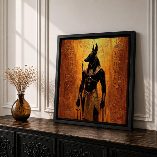 Anubis Wall Art Jackal Deity Framed Canvas Egyptian Mythology Ancient Hieroglyphic Cultural Decor