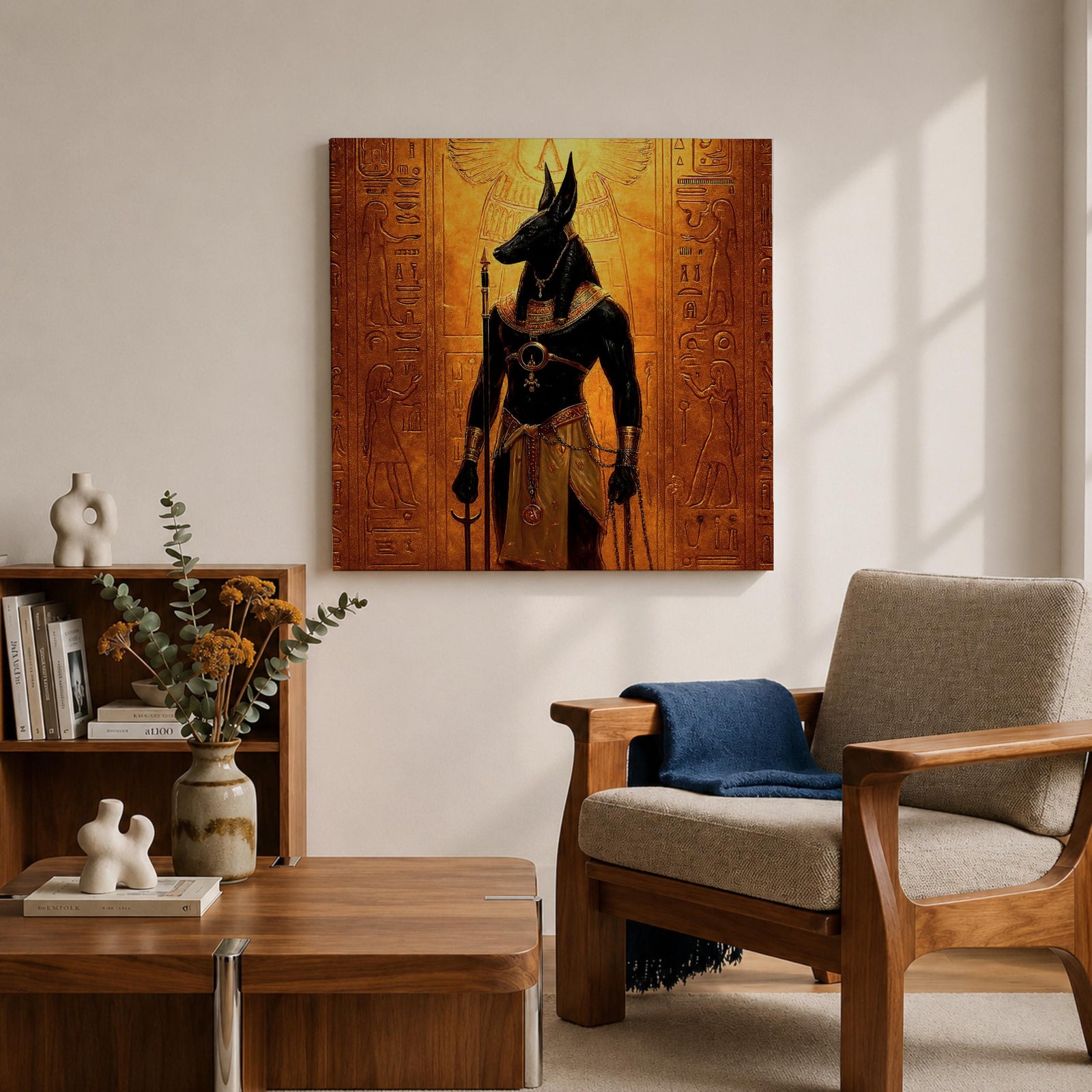 Anubis Wall Art Jackal Deity Framed Canvas Egyptian Mythology Ancient Hieroglyphic Cultural Decor