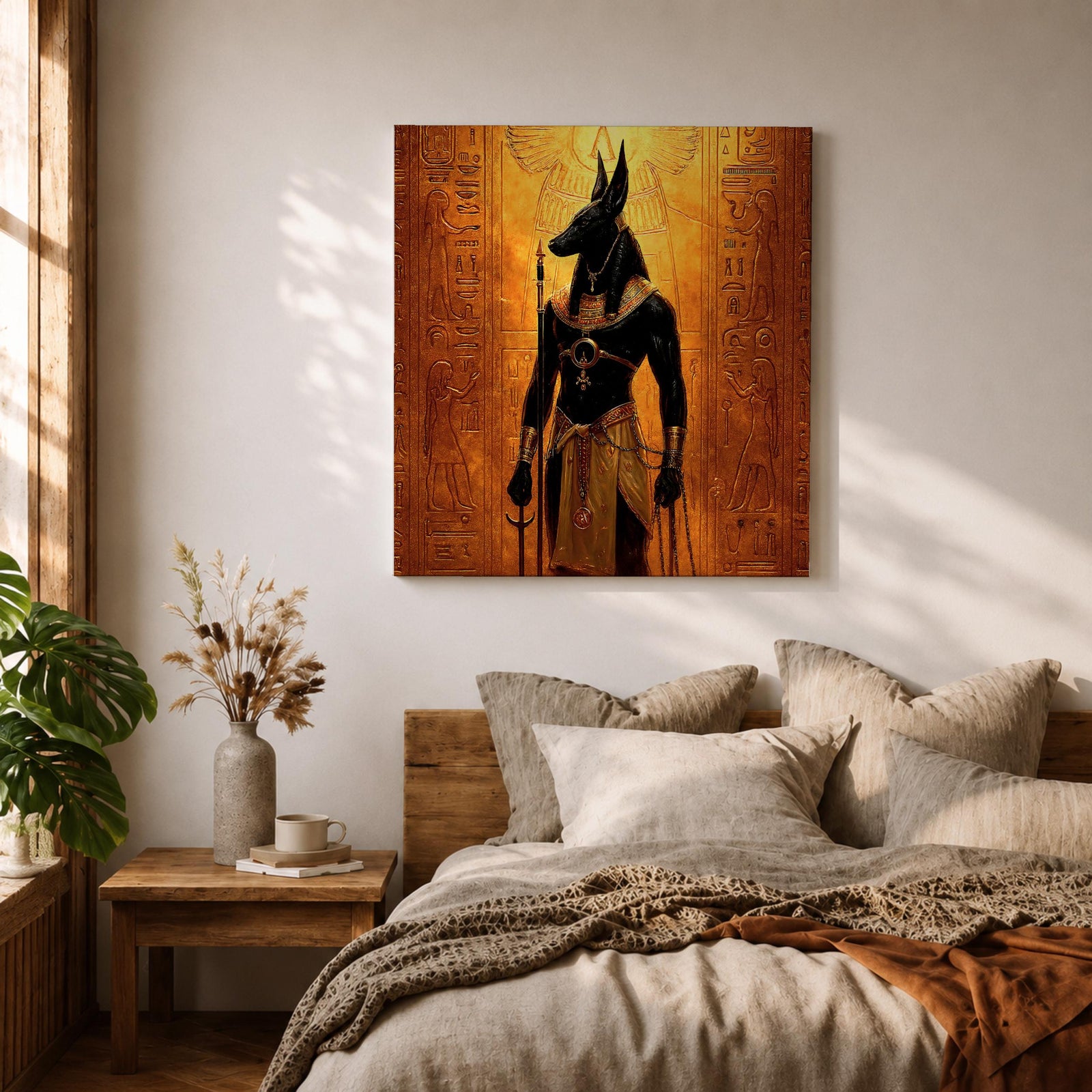Anubis Wall Art Jackal Deity Framed Canvas Egyptian Mythology Ancient Hieroglyphic Cultural Decor