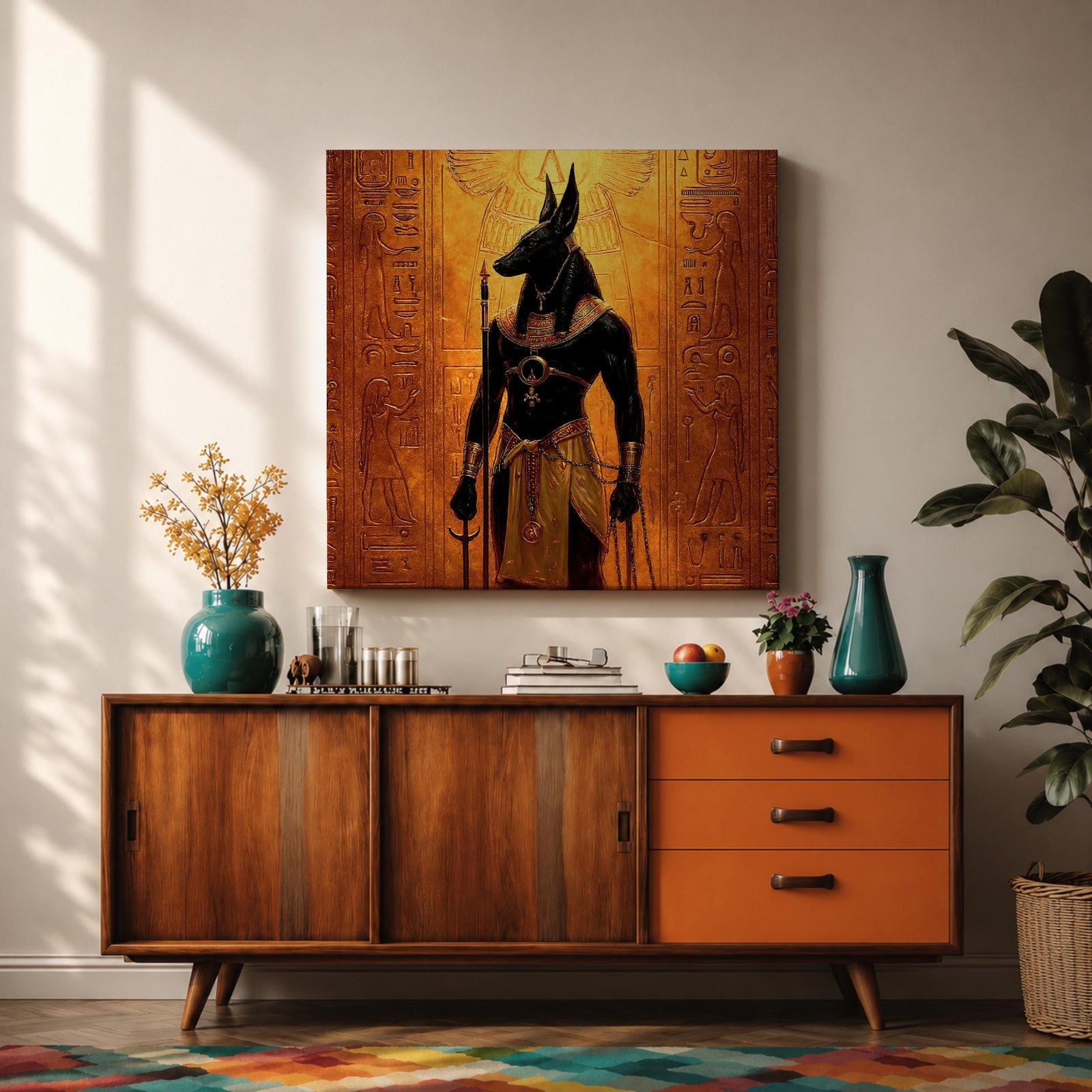 Anubis Wall Art Jackal Deity Framed Canvas Egyptian Mythology Ancient Hieroglyphic Cultural Decor
