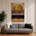 Christian painting of the Last Supper depicting Jesus seated at the center of a long table surrounded by the twelve apostles, rendered with detailed robes and expressive figures beneath a large golden mosaic arch. The composition emphasizes the Holy Communion moment in a traditional icon inspired style with rich textures and ornate detailing.