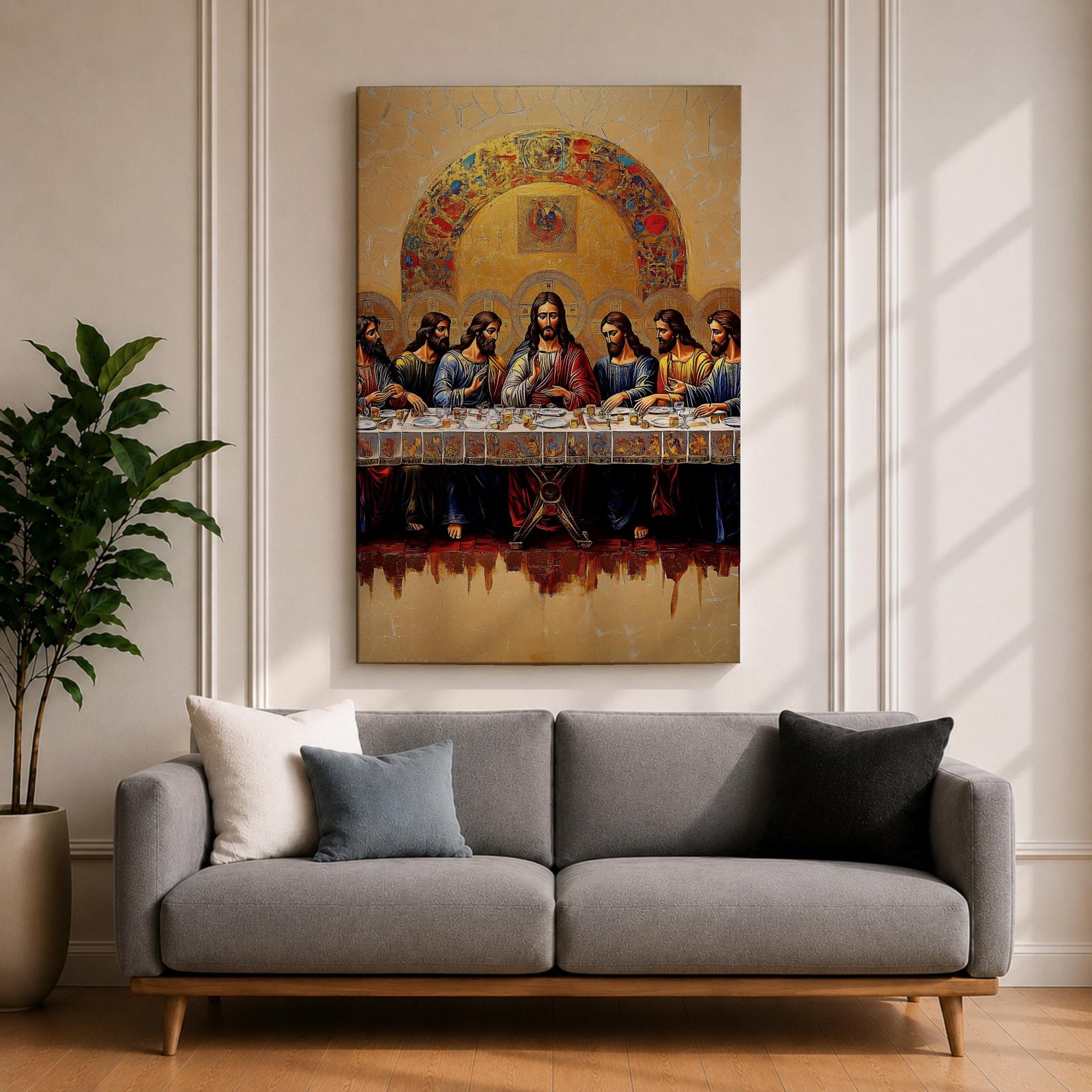 Christian painting of the Last Supper depicting Jesus seated at the center of a long table surrounded by the twelve apostles, rendered with detailed robes and expressive figures beneath a large golden mosaic arch. The composition emphasizes the Holy Communion moment in a traditional icon inspired style with rich textures and ornate detailing.
