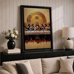 Christian painting of the Last Supper depicting Jesus seated at the center of a long table surrounded by the twelve apostles, rendered with detailed robes and expressive figures beneath a large golden mosaic arch. The composition emphasizes the Holy Communion moment in a traditional icon inspired style with rich textures and ornate detailing.