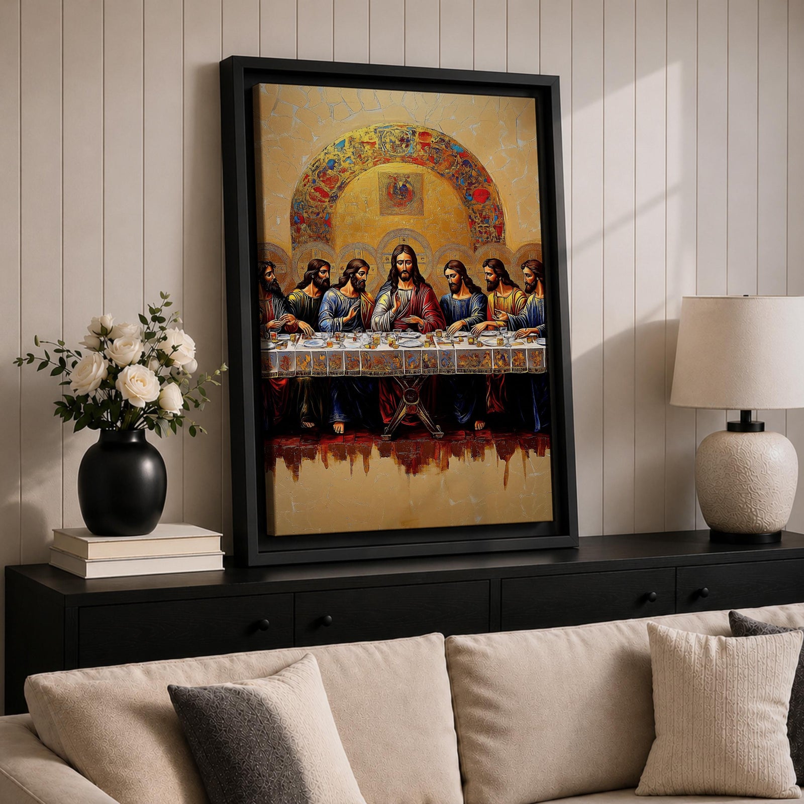 Christian painting of the Last Supper depicting Jesus seated at the center of a long table surrounded by the twelve apostles, rendered with detailed robes and expressive figures beneath a large golden mosaic arch. The composition emphasizes the Holy Communion moment in a traditional icon inspired style with rich textures and ornate detailing.