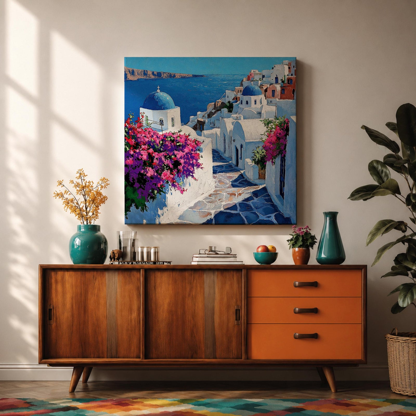 Santorini Greece Wall Art Greek Island Framed Canvas Mediterranean Coastal Landscape Living Room Decor