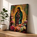 Devotional painting of Our Lady of Guadalupe standing with hands clasped in prayer, wearing a dark green star patterned mantle over a red dress and surrounded by radiant golden rays. The composition features colorful blooming flowers in the foreground framing the Virgin Mary in a vibrant painterly religious portrait.