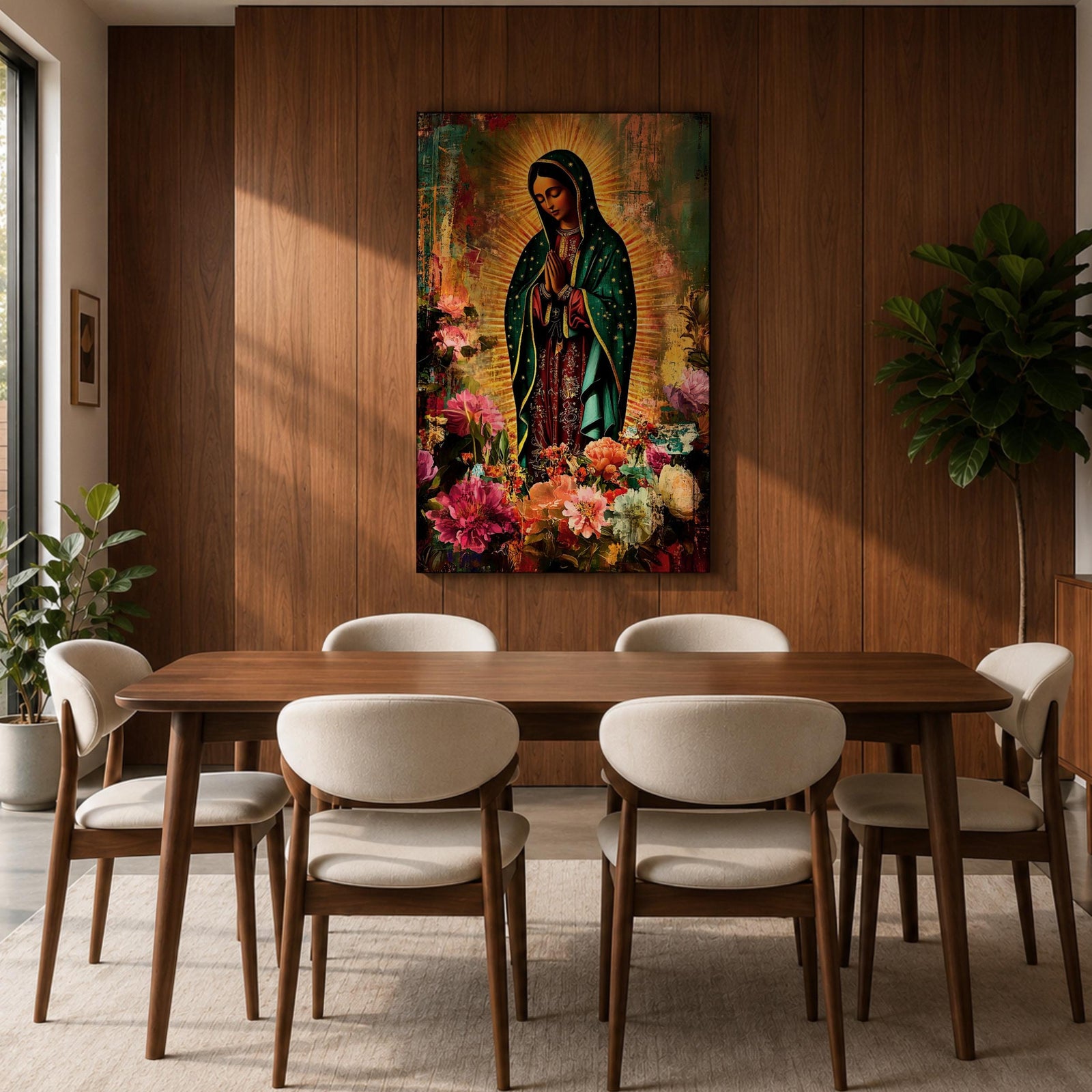Devotional painting of Our Lady of Guadalupe standing with hands clasped in prayer, wearing a dark green star patterned mantle over a red dress and surrounded by radiant golden rays. The composition features colorful blooming flowers in the foreground framing the Virgin Mary in a vibrant painterly religious portrait.