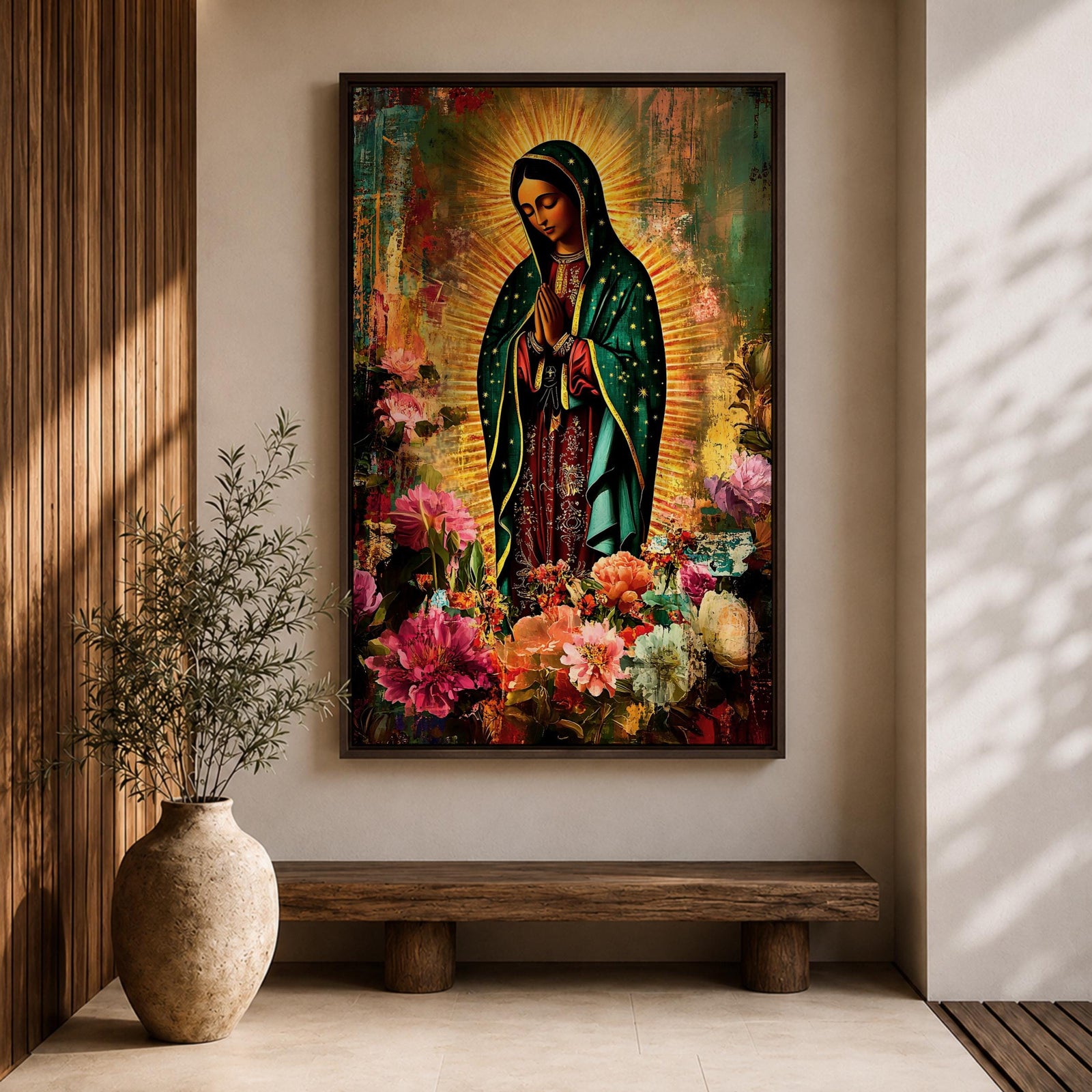 Devotional painting of Our Lady of Guadalupe standing with hands clasped in prayer, wearing a dark green star patterned mantle over a red dress and surrounded by radiant golden rays. The composition features colorful blooming flowers in the foreground framing the Virgin Mary in a vibrant painterly religious portrait.