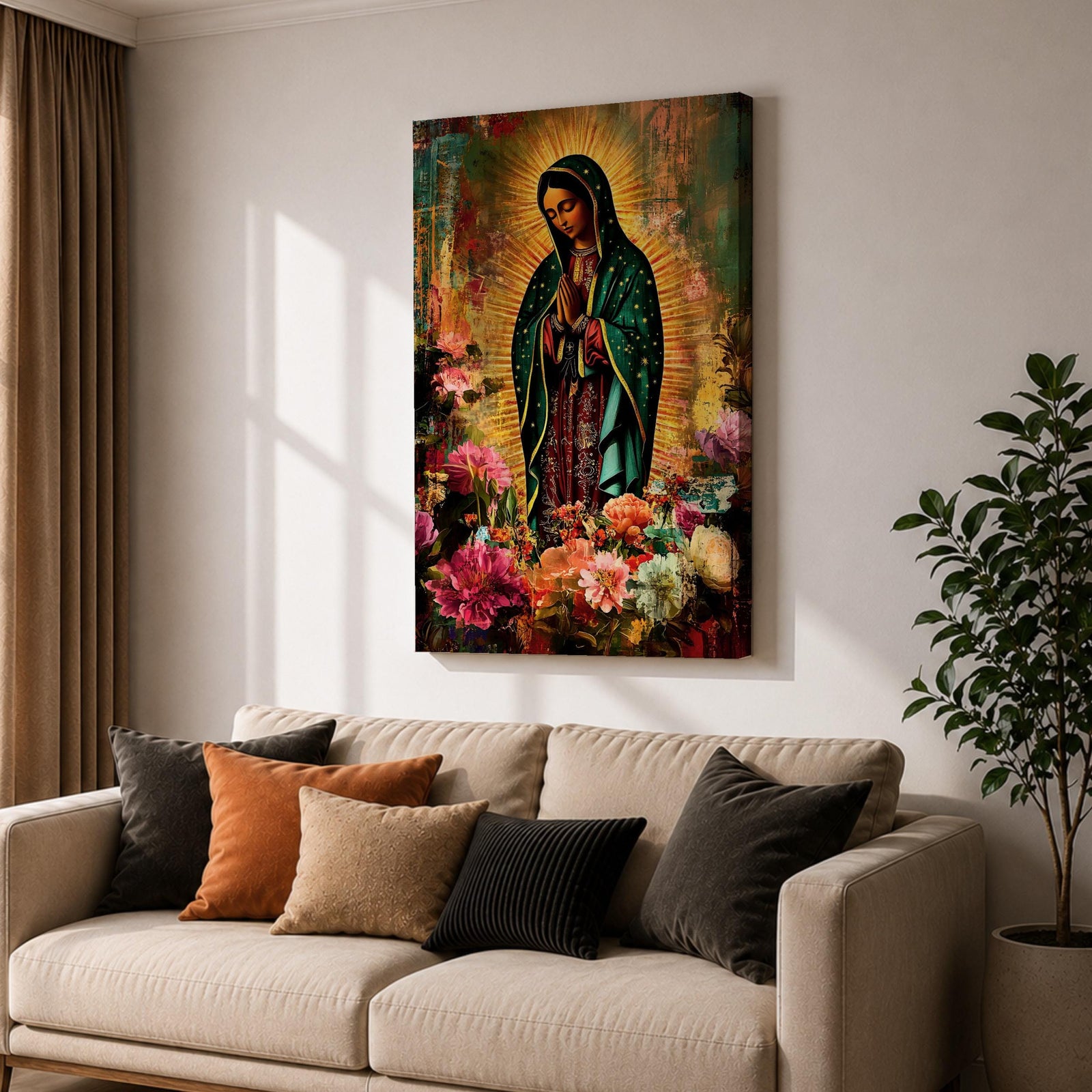 Devotional painting of Our Lady of Guadalupe standing with hands clasped in prayer, wearing a dark green star patterned mantle over a red dress and surrounded by radiant golden rays. The composition features colorful blooming flowers in the foreground framing the Virgin Mary in a vibrant painterly religious portrait.
