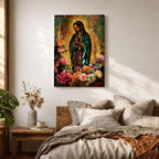 Devotional painting of Our Lady of Guadalupe standing with hands clasped in prayer, wearing a dark green star patterned mantle over a red dress and surrounded by radiant golden rays. The composition features colorful blooming flowers in the foreground framing the Virgin Mary in a vibrant painterly religious portrait.